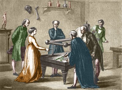 Luigi Galvani, professor i Bologna, oppdaget i 1780 irritabiliteten til froskemusklene ved elektrisitet - i "Album of Science; berømte vitenskapsmenn; Store funn""" 1896. av French School