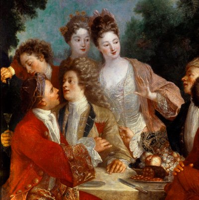 Lunsj i Parc Des nobles på en landsbankett. Detalj av maleriet av den franske skolen fra 1700-tallet. Orleans Museum of Fine Arts av French School