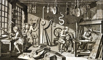 Luthiers verksted. Gravering - i Encyclopedia of Diderot and Alembert av French School