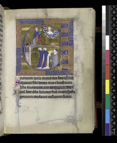 MS 300 f.107r, David ber til Gud (over), to geistlige (under), fra Psalter and Hours of Isabella of France, Paris, ca. 1265-70 (penn og blekk og tempera på pergament) av French School