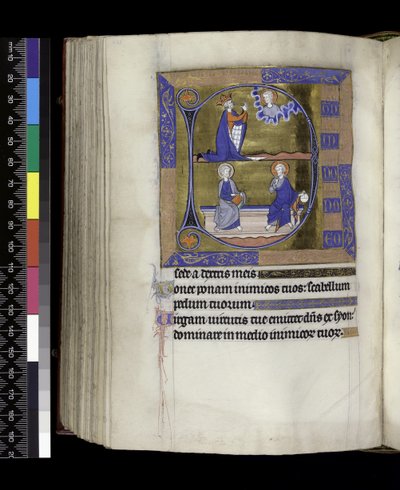 MS 300 f.125v, David ber til Gud (ovenfor); Gud med kule og Kristus med bok som sitter på benk (nedenfor), fra Psalter and Hours of Isabella of France, Paris, ca. 1265-70 (penn og blekk og tempera på pergament) av French School