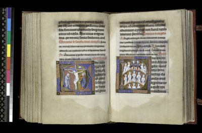 MS 300 f.198v-199r, Stemmerett til korset og stemmerett til engler, fra Salter og timer til Isabella fra Frankrike, Paris, ca. 1265-70 (penn og blekk og tempera på pergament) av French School