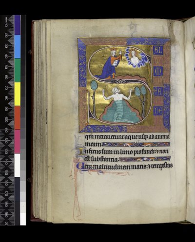 MS 300 f.70v, David ber til Gud (ovenfor), David synker i vann (under), fra Psalter and Hours of Isabella of France, Paris, c.1265-70 (penn & blekk og tempera på pergament) av French School