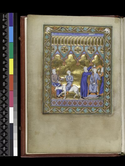 MS 300 f.Vv, David, på tronen, sender Salomo til Sadoc og Nathan som kroner og salver ham, fra salmen og timer til Isabella av Frankrike, Paris, ca. 1265-70 av French School
