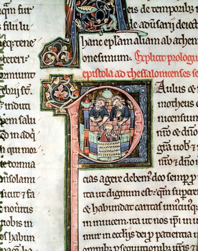 MS 3 Fol. 291v The Escape of Saint Paul fra Damaskus, opplyst første bokstav P, 1200-tallet, fra Avranches Bible av French School