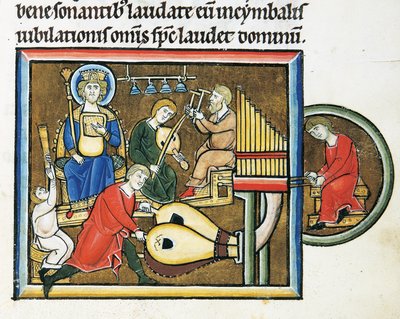 MS CXXXVII fol. 149r, kong David holder psalteren og musikere som spiller, fra Psalter of Saint Elizabeth (tempera og bladgull på vellum) av French School