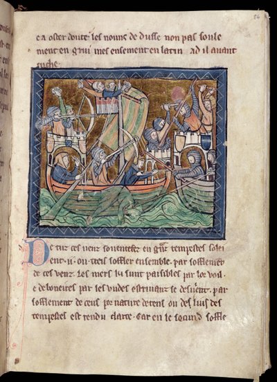 MS Marlay Legg til 1 f.86 Side med tekst med belysning av et sjøslag, fra De Re Militari, ca. 1270 av French School