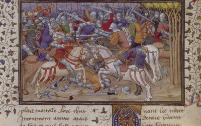 MS Royal 20 B.XX fol.16v Filips nederlag av Pausanias, med riddere som kjemper, fra 