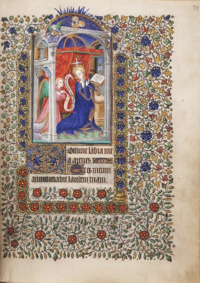 MS Widener 6 f.29r, Annunciation, from a Book of Hours, bruk av Paris av French School