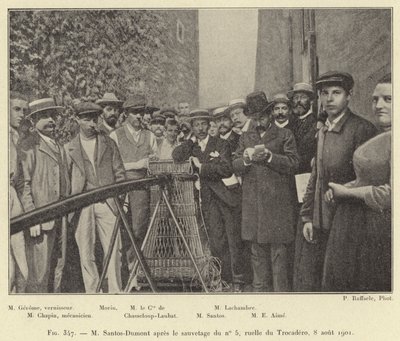 M Santos-Dumont etter redningen av nr. 5, Ruelle du Trocadero, 8. august 1901 (gravering) av French School