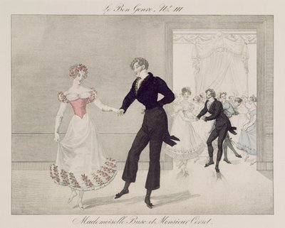 Mademoiselle Busc and Monsieur Corset, plate 111 fra le Bon Genre, ca. 1810 (fargegravering) av French School