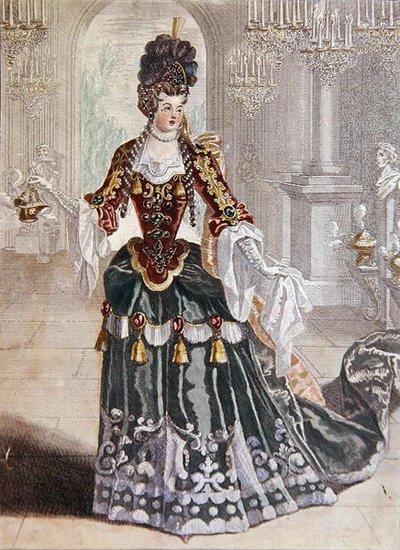 Mademoiselle Desmatins i rollen som Psyche i Lullys opera, ca. 1703 (fargegravering) av French School