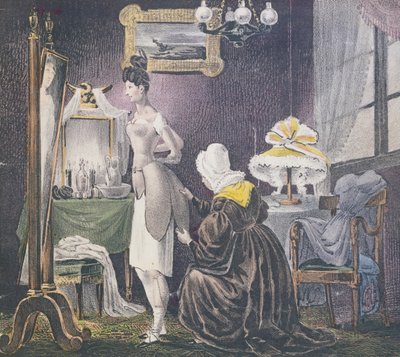 Tjenestepike hjelper sin elskerinne med å kle seg i polstring for bryster og bunn, ca. 1830 av French School