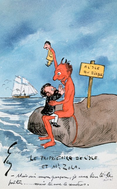 Men ja, gutten min, jeg vil låne den til deg..., tegneserie som viser Zola og djevelen på Devils Island diskuterer Dreyfus-saken (wc på papir) av French School