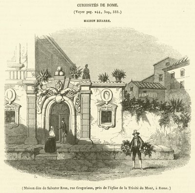 Hus kalt Salvator Rosa, Gregoriana Street, nær Treenighetskirken, i Roma (gravering) av French School
