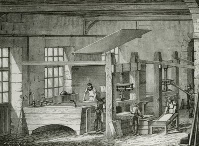 Lage papir for hånd ved å sikte fruktkjøttet i former. Gravering c1870. av French School