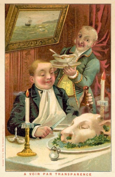 Mann spiser middag (chromolitho) av French School