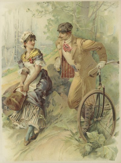 Mann på sykkel som tilbyr hushjelp. (chromolitho) av French School