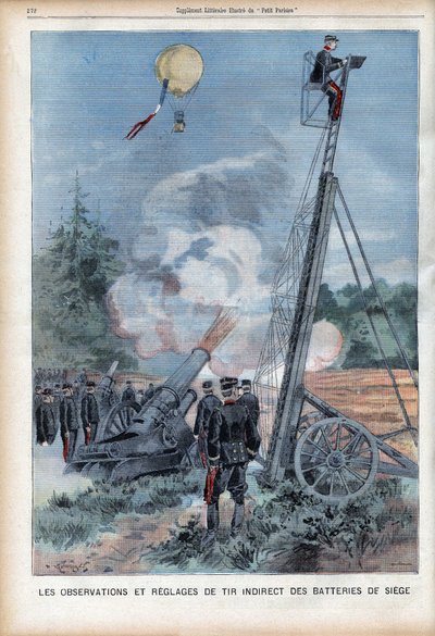 Manøver og observasjon av den franske Armee i Langres med en Gugumus-stige for å teste avfyringen av kanonene, i "Le Petit Parisien", den 26.08.1906 (gravering) av French School