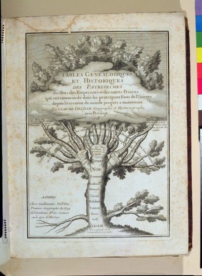 Menneskehetens slektstre, frontispice for Genealogical and Historical Tables of Patriarchs, Kings, Emperors av Claude Delisle (1644-1720), utgitt i Paris, 1718 av French School