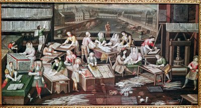 Produksjon av spillekort i et hus på Place Dauphine (design for en vifte, gouache på papir, ca. 1680) av French School