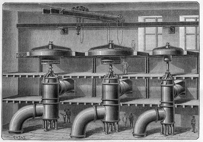 Produksjon av aluminium; installasjon av turbiner og dynamoer ved Neuhausen-anlegget (Sveits). Gravering i "" Nature. Journal of science og dets anvendelser til kunst og industri. av French School