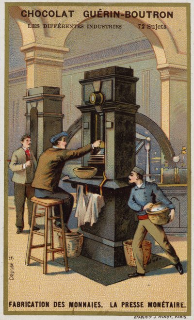 Produksjon av mynter. Myntpress (chromolitho) av French School