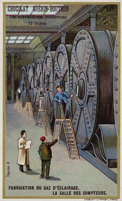 Produksjon av gass for belysning. Målerhall (chromolitho) av French School