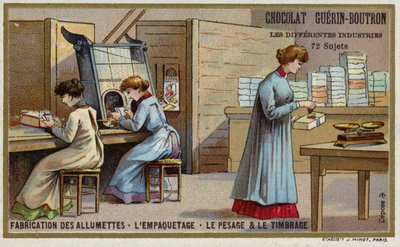 Produksjon av fyrstikker. Pakking, veiing og stempling (chromolitho) av French School