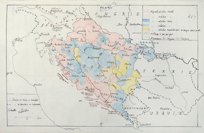 Kart over Bosnia med detaljer om områdene okkupert av etniske minoritetsgrupper, 1910 (penn, blekk og wc) av French School