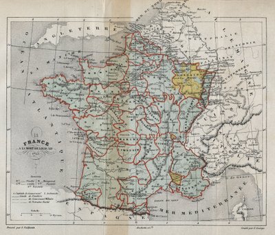 Kart over Frankrike ved Louis XIVs død i 1715 - Plan de La france a la mort de Louis XIV en 1715 - gravering i "" Histoire de France" av Victor Duruy (1811-1894) - 1882 av French School