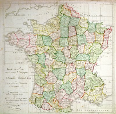 Kart over Frankrike som viser planer om å dele avdelinger, 1789 (farge lito og blekk) av French School