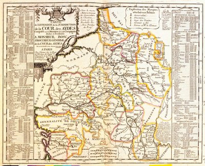 Kart over franske territorier under skatt, 1709, fra Le Theatre du Monde av Jean-Baptiste Nolin, utgitt 1717 (håndfarget gravering) av French School