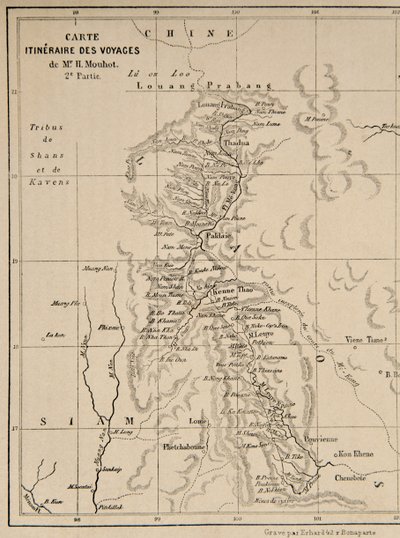 Kart over Laos og Mekong-elven som viser ruten for reisen til Henri Mouhot, illustrasjon fra Reiser i de sentrale delene av Indo-Kina (Siam), Kambodsja og Laos i løpet av årene 1858, 1859, en av French School