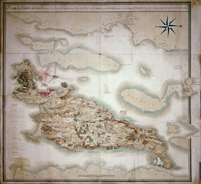 Kart over Rhode Island på tidspunktet for okkupasjonen 1780-81 av den franske hæren på ordre fra Jean-Baptiste de Vimeur (1725-1807) grev av Rochambeau av French School