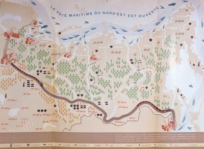 Kart over Sibir som viser de enorme naturressursene i området og viser en sjøvei som ville åpne for handel, 1933 av French School