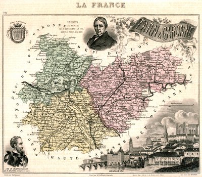Kart over Tarn-et-Garonne med utsikt over Montauban og portretter av Ingres og Jean Parisot de La Valette (farge litho) av French School