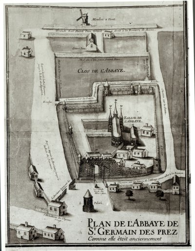 Kart over klosteret Saint-Germain-des-Pres, 1713 (blekk og gouache på papir) av French School