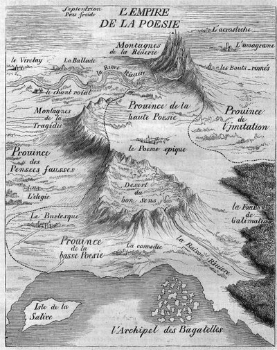 Kart over "Empire of Poesy" som representerer forskjellige typer poesi. Bernard Le Bouyer (Le Bovier) de Fontenelle (1657-1757) av French School