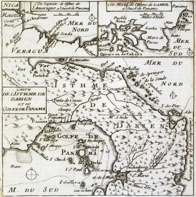 Kart over Isthmus of Darien og Panamabukten i "" New Journey Around the World"" av Guillaume Dampier (William Dampier) av French School