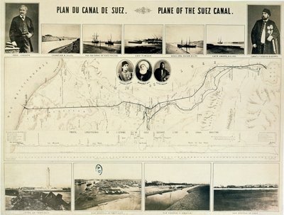 Kart over Suez-kanalen ledsaget av forskjellige visninger og portretter av Ferdinand de Lesseps (1805-94) og Ismail Pasha (1830-95) 1869 av French School