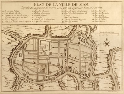 Kart over byen Siam, hovedstaden i kongeriket med det navnet etter en undersøkelse utført av en fransk ingeniør i 1687, publisert i 1751-utgaven av Histoire Generale des Voyages av Antoine Prevost av French School
