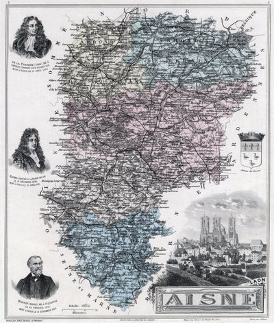 Kart over departementet Aisne (gravering 1889) av French School
