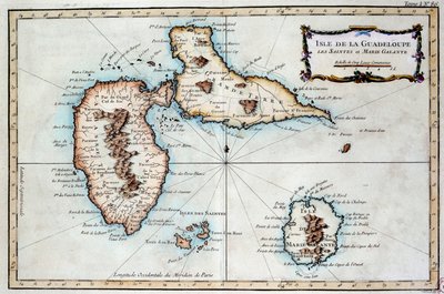 Kart over øya Martinique, øya Saintes og øya Marie Galante i Vestindia. Gravering av Chartres fra 1800-tallet, Musee des Beaux Arts av French School