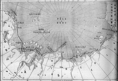 Map of the voyage of the “” Vega”” traced by explorer Nils Adolf Erik (Eric) Baron Nordenskjold (Nordenskiold) (1832-1901). In 1878 Nordenskjold passed from the Atlantic Ocean to the Pacific Ocean along the coast of Siberia. Engraving in “” Le Monde Illust av French School