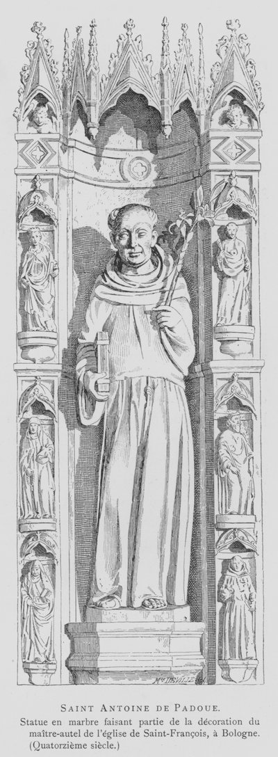 Marmorstatue av St Anthony av Padua, Basilica of St Francis, Bologna, Italia (litho) av French School
