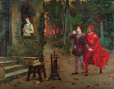 Marguerite, Faust og Mephisto Scene fra Faust av Charles Gounod (1818-1893). rundt 1900. av French School