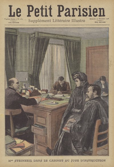 Marguerite Steinheil på dommerens kontor (farge litho) av French School