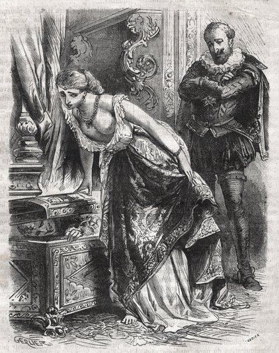 Marguerite de Valois (1553-1615), known as Queen Margot, hides Julien de Leris, her lover, in a safe. Her husband, King Henry IV of France (1553-1610), observes the scene with fun. 16th century. Engraving from 1871 in “Histoire Des Cocuses Celebres”” by He av French School