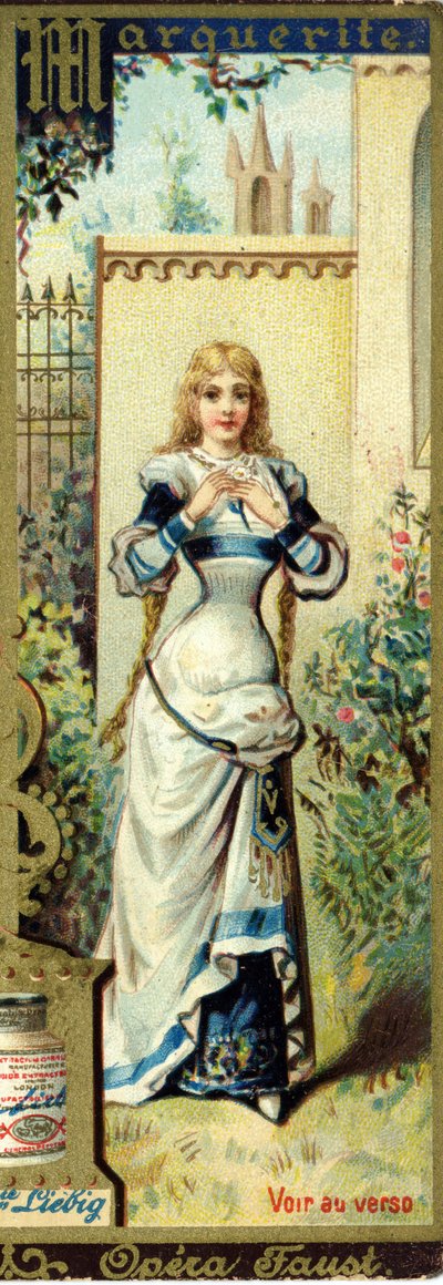 Marguerite i operaen Faust av Charles Gounod laget i 1859, etter stykket av Johann Wolfgang von Goethe. Alfabet av kvinnelige navn på temaet: feminine kostymer og operaer. Liebig reklamekromolitografi. av French School
